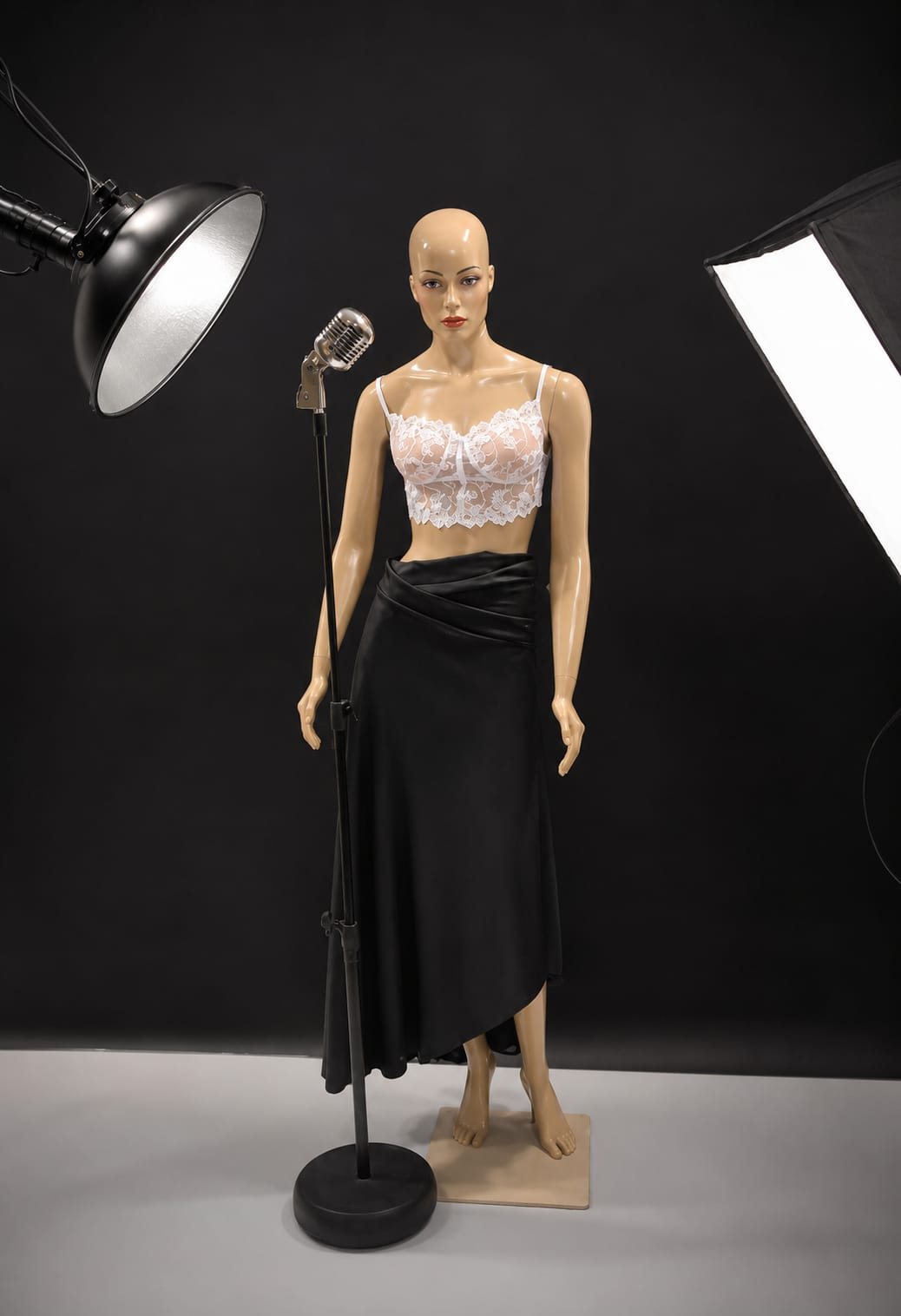 Manequim feminino com microfone e iluminação diante de fundo preto