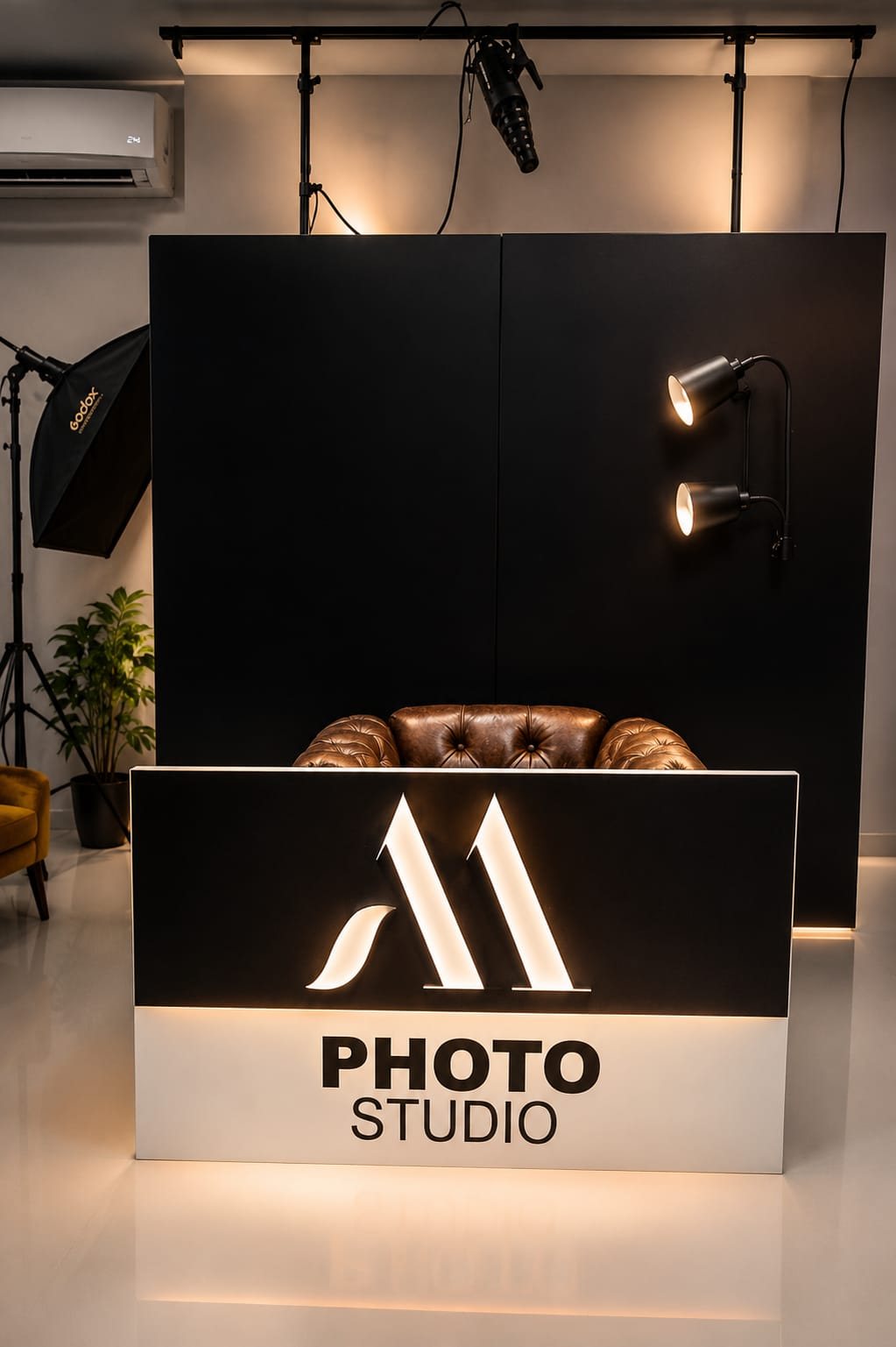 Recepção do estúdio com balcão e logotipo iluminado PHOTO STUDIO