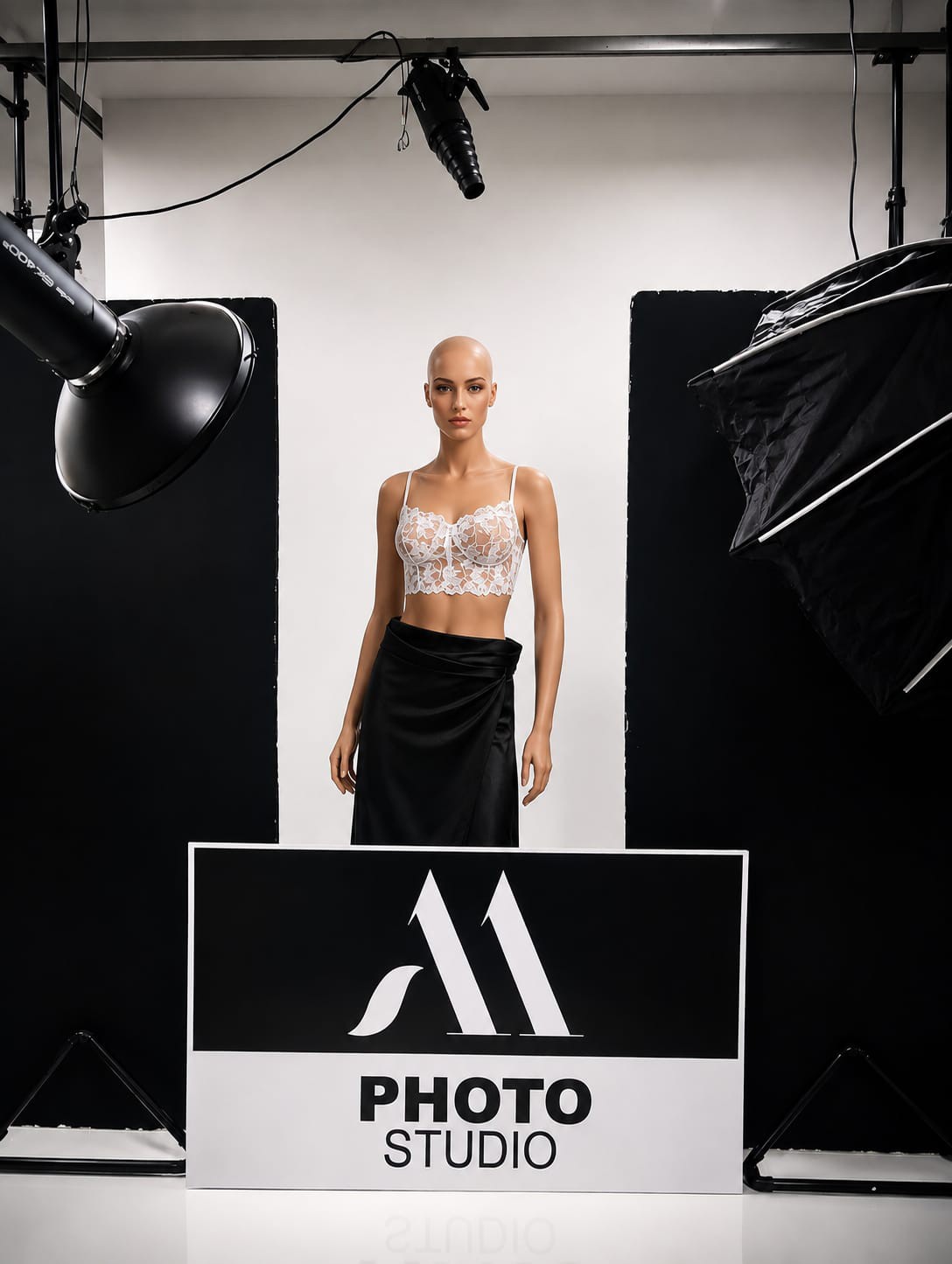 Set de fotografia com iluminação profissional e fundo branco